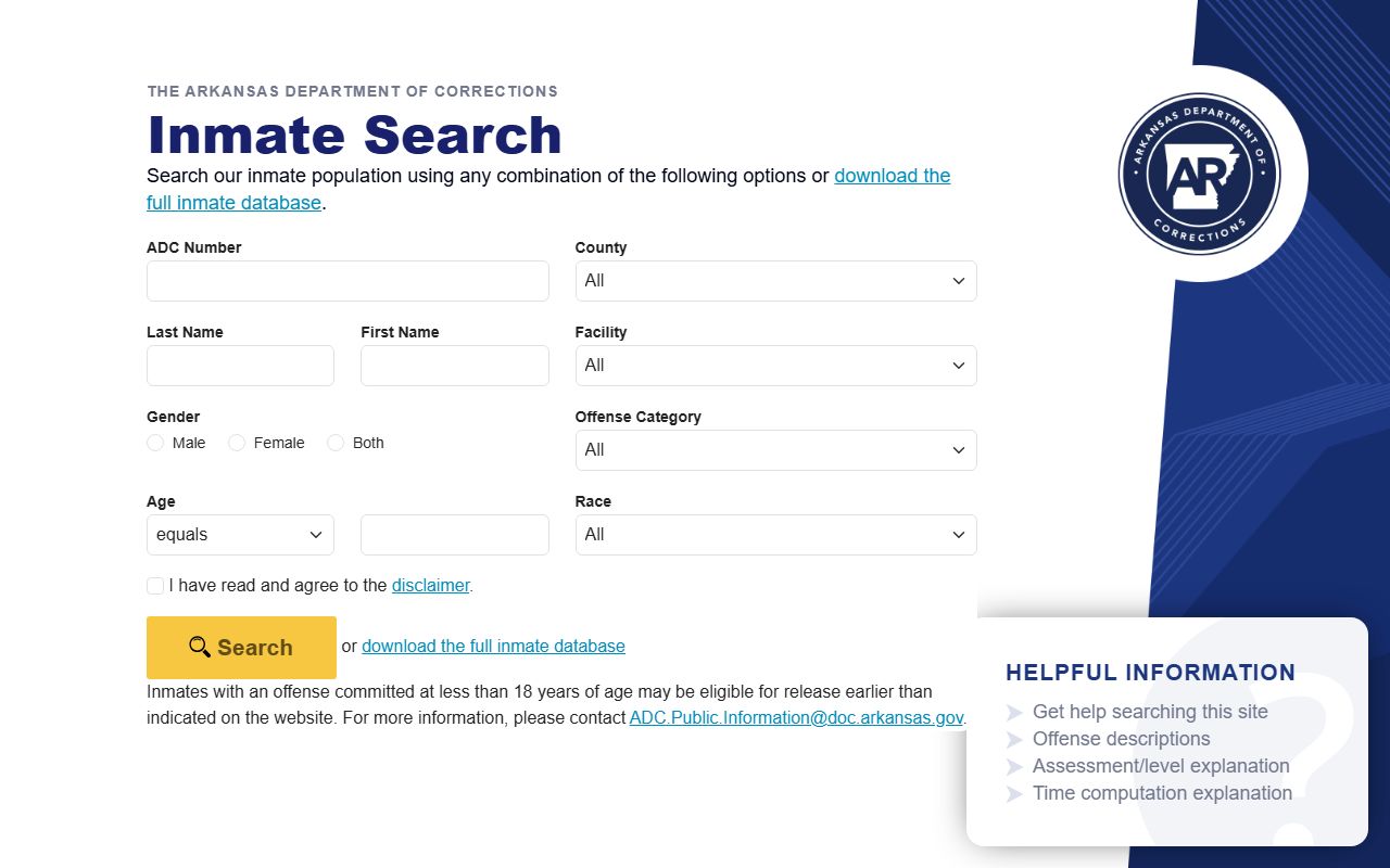 Grant County inmate population Arkansas DOC inmate search form